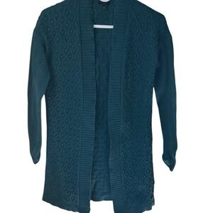 Talbots Petites Teal Green Diamond Cable Knit Bobble Open Front Cardigan P